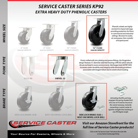 Service Caster 12 Inch Extra Heavy Duty Phenolic Wheel Caster Swivel Locks 2 Brakes SCC, 4PK SCC-KP92S1230-PHR-SLB-BSL-2-BSL-2